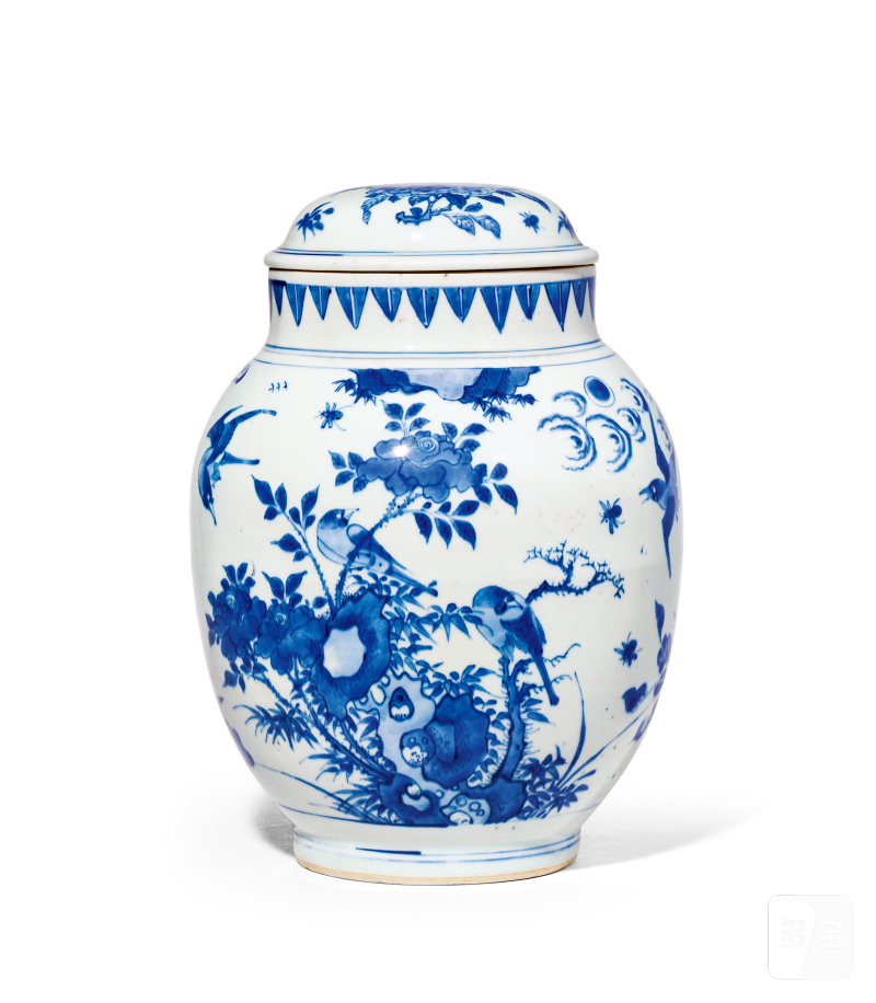 明崇祯 青花花鸟纹莲子罐 - 图1